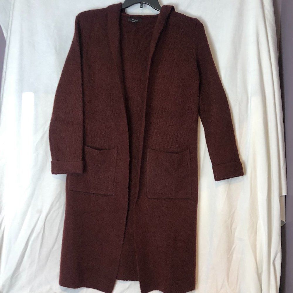Forever 21 Women's Long Sweater Size S Burgundy Open Front Hooded wool blend